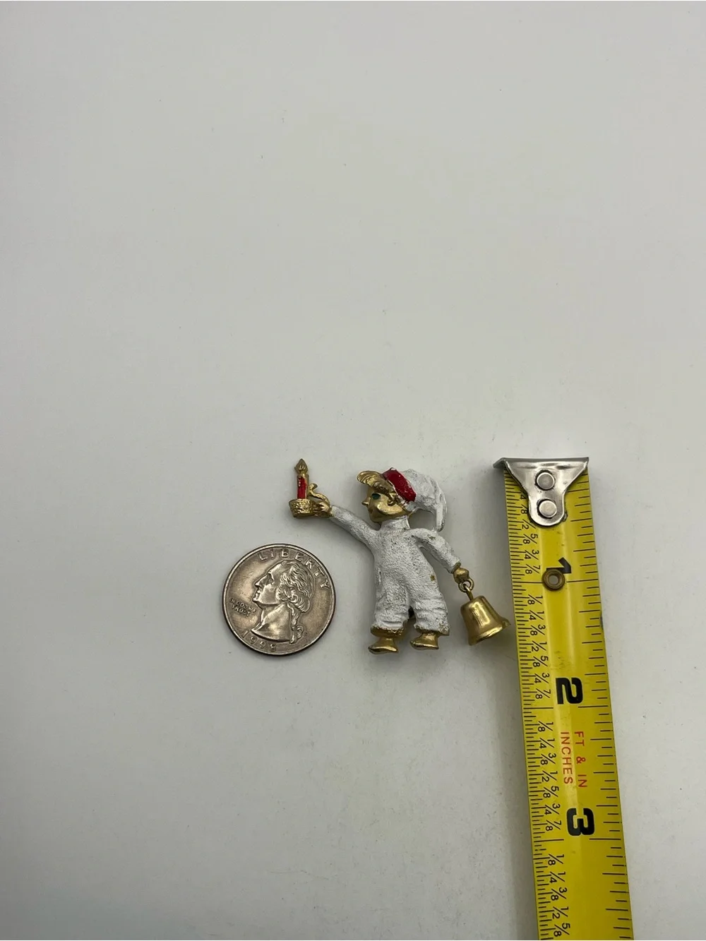 Christmas figural child carrying candle & bell enamel gold tone brooch pin